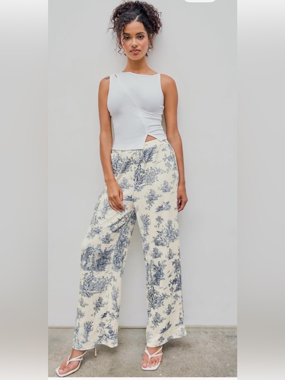 Cider Toile de Jouy Satin Wide-Leg Pants. Size Medium.